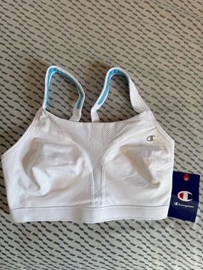 Champion White Full Support Sports Bra with Light Blue Stitching